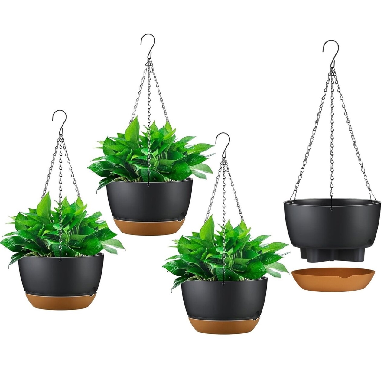 4Pcs 9.64In Diameter Hanging Planter With Drainage Holes Removable Self Watering Tray Plastic Hanging Flower Plant Pots